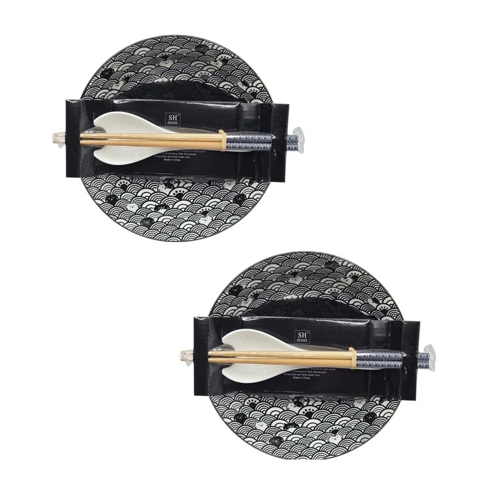 SH Home Black Waves Cats Ceramic Ramen Noodle Bowl Set of 2 w/ Chopsticks Spoons
